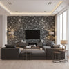 Catalina Scales Coastal Animal Print Black, Ocean Blue, Gray, and Metallic Silver | Architectural Wallcoverings - Living Room Visualization (AI-generated, may not be to scale. Verify pattern scale with product specifications.)