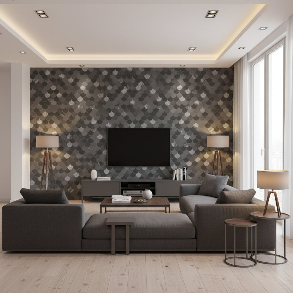 Catalina Scales Coastal Animal Print Black, Ocean Blue, Gray, and Metallic Silver | Architectural Wallcoverings - Living Room Visualization (AI-generated, may not be to scale. Verify pattern scale with product specifications.)