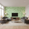 Catalina Scales Coastal Animal Print Pear Green, Mint, and Metallic | Architectural Wallcoverings - Living Room Visualization (AI-generated, may not be to scale. Verify pattern scale with product specifications.)
