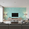 Catalina Scales Coastal Animal Print Turquoise, Fog Green, and Metallic | Architectural Wallcoverings - Living Room Visualization (AI-generated, may not be to scale. Verify pattern scale with product specifications.)