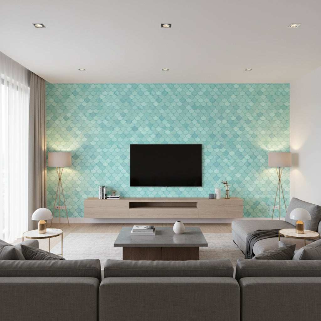 Catalina Scales Coastal Animal Print Turquoise, Fog Green, and Metallic | Architectural Wallcoverings - Living Room Visualization (AI-generated, may not be to scale. Verify pattern scale with product specifications.)