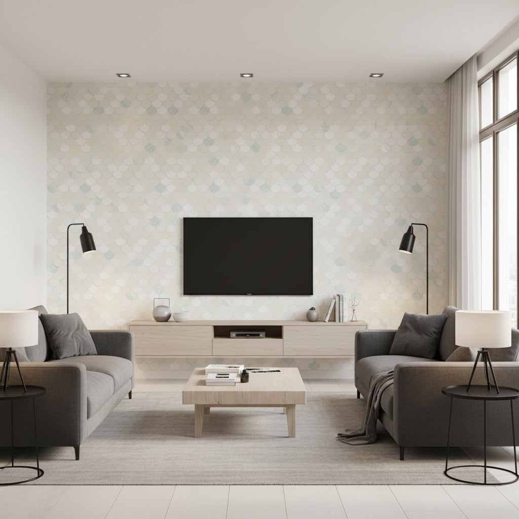 Catalina Scales Coastal Animal Print Light Blue, Metallic, and White | Architectural Wallcoverings - Living Room Visualization (AI-generated, may not be to scale. Verify pattern scale with product specifications.)