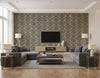 Bonaire Coastal Damask Black and Metallic Gold | Architectural Wallcoverings - Living Room Visualization (AI-generated, may not be to scale. Verify pattern scale with product specifications.)