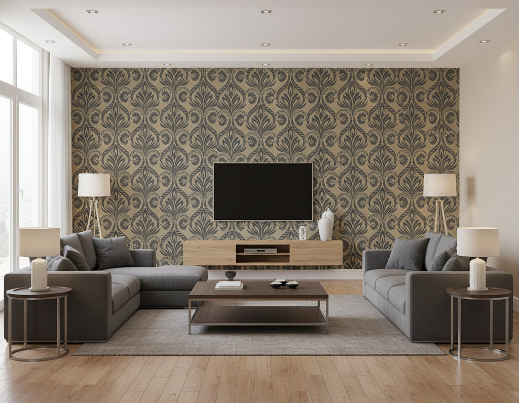 Bonaire Coastal Damask Black and Metallic Gold | Architectural Wallcoverings - Living Room Visualization (AI-generated, may not be to scale. Verify pattern scale with product specifications.)
