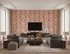Bonaire Coastal Damask Scarlet Red and Off-White | Architectural Wallcoverings - Living Room Visualization (AI-generated, may not be to scale. Verify pattern scale with product specifications.)