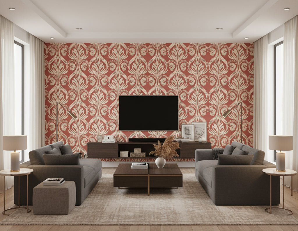 Bonaire Coastal Damask Scarlet Red and Off-White | Architectural Wallcoverings - Living Room Visualization (AI-generated, may not be to scale. Verify pattern scale with product specifications.)