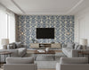 Bonaire Coastal Damask Navy Blue and White | Architectural Wallcoverings - Living Room Visualization (AI-generated, may not be to scale. Verify pattern scale with product specifications.)