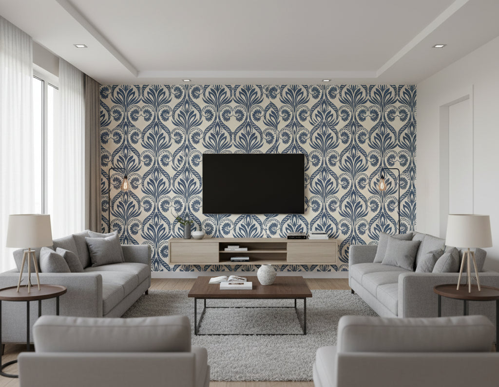 Bonaire Coastal Damask Navy Blue and White | Architectural Wallcoverings - Living Room Visualization (AI-generated, may not be to scale. Verify pattern scale with product specifications.)