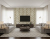 Bonaire Coastal Damask Metallic Gold and Off-White | Architectural Wallcoverings - Living Room Visualization (AI-generated, may not be to scale. Verify pattern scale with product specifications.)