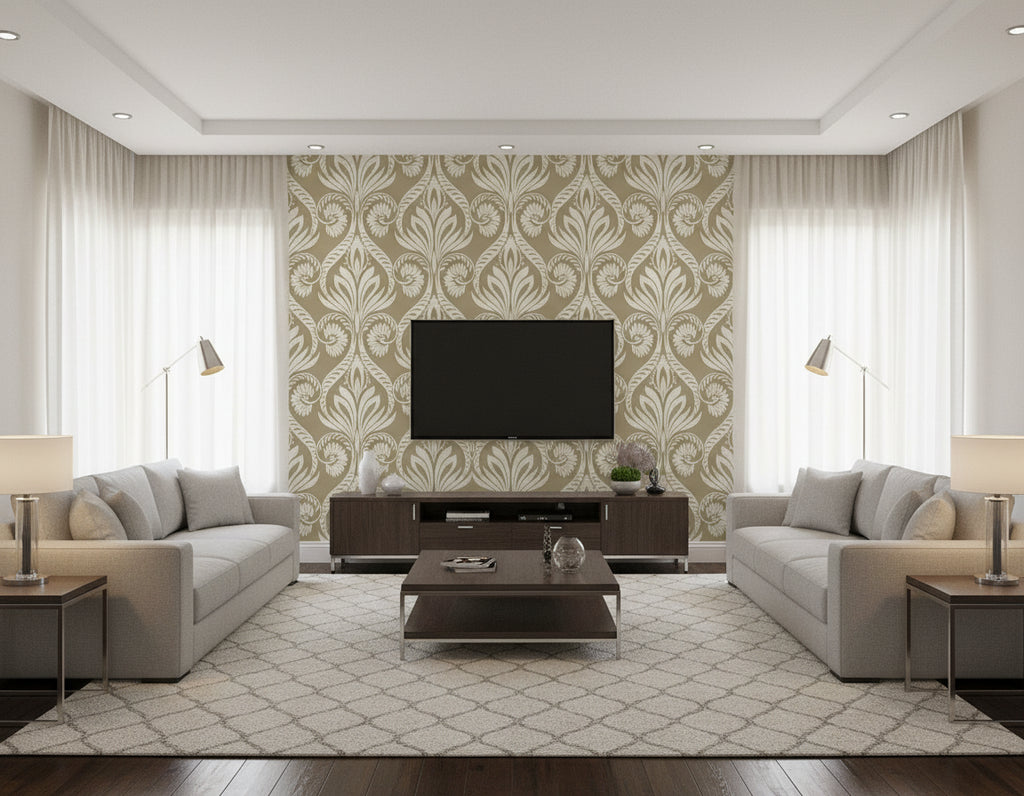 Bonaire Coastal Damask Metallic Gold and Off-White | Architectural Wallcoverings - Living Room Visualization (AI-generated, may not be to scale. Verify pattern scale with product specifications.)