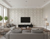 Bonaire Coastal Damask Metallic Silver and White | Architectural Wallcoverings - Living Room Visualization (AI-generated, may not be to scale. Verify pattern scale with product specifications.)