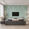 Barbados Coastal Abstract Turquoise, Metallic Silver, and White | Architectural Wallcoverings - Living Room Visualization (AI-generated, may not be to scale. Verify pattern scale with product specifications.)