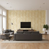 Barbados Coastal Abstract Metallic Gold, Oat, and Off-White | Architectural Wallcoverings - Living Room Visualization (AI-generated, may not be to scale. Verify pattern scale with product specifications.)