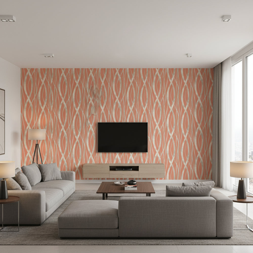 Barbados Coastal Abstract Portland Orange, Gray, and White | Architectural Wallcoverings - Living Room Visualization (AI-generated, may not be to scale. Verify pattern scale with product specifications.)