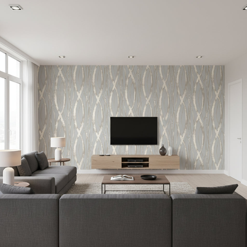Barbados Coastal Abstract Gray, Metallic Silver, and White | Architectural Wallcoverings - Living Room Visualization (AI-generated, may not be to scale. Verify pattern scale with product specifications.)