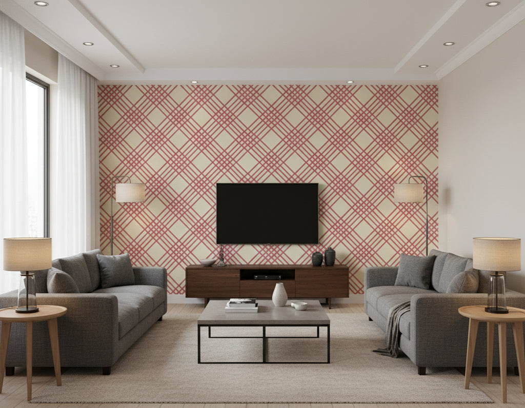 Cayman Coastal Geometric Off-White and Rose | Architectural Wallcoverings - Living Room Visualization (AI-generated, may not be to scale. Verify pattern scale with product specifications.)
