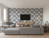Cayman Coastal Geometric Prussia Blue and Off-White | Architectural Wallcoverings - Living Room Visualization (AI-generated, may not be to scale. Verify pattern scale with product specifications.)