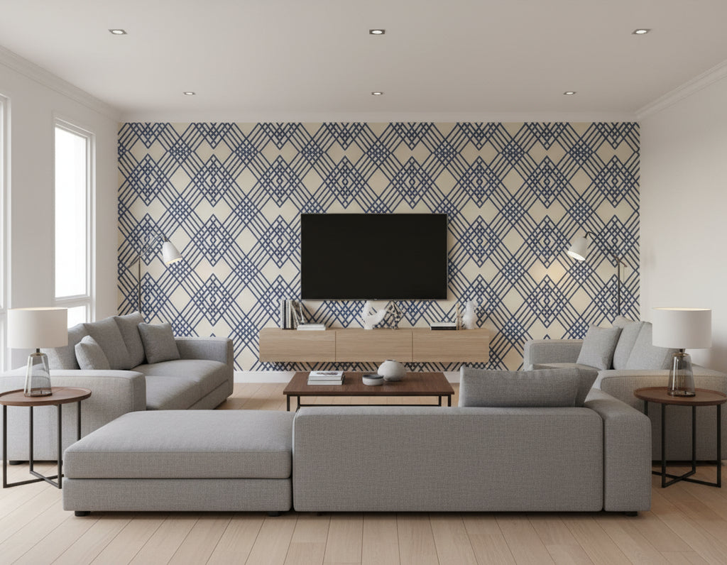 Cayman Coastal Geometric Prussia Blue and Off-White | Architectural Wallcoverings - Living Room Visualization (AI-generated, may not be to scale. Verify pattern scale with product specifications.)