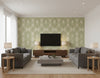 Cayman Coastal Geometric Olive Green and Off-White | Architectural Wallcoverings - Living Room Visualization (AI-generated, may not be to scale. Verify pattern scale with product specifications.)