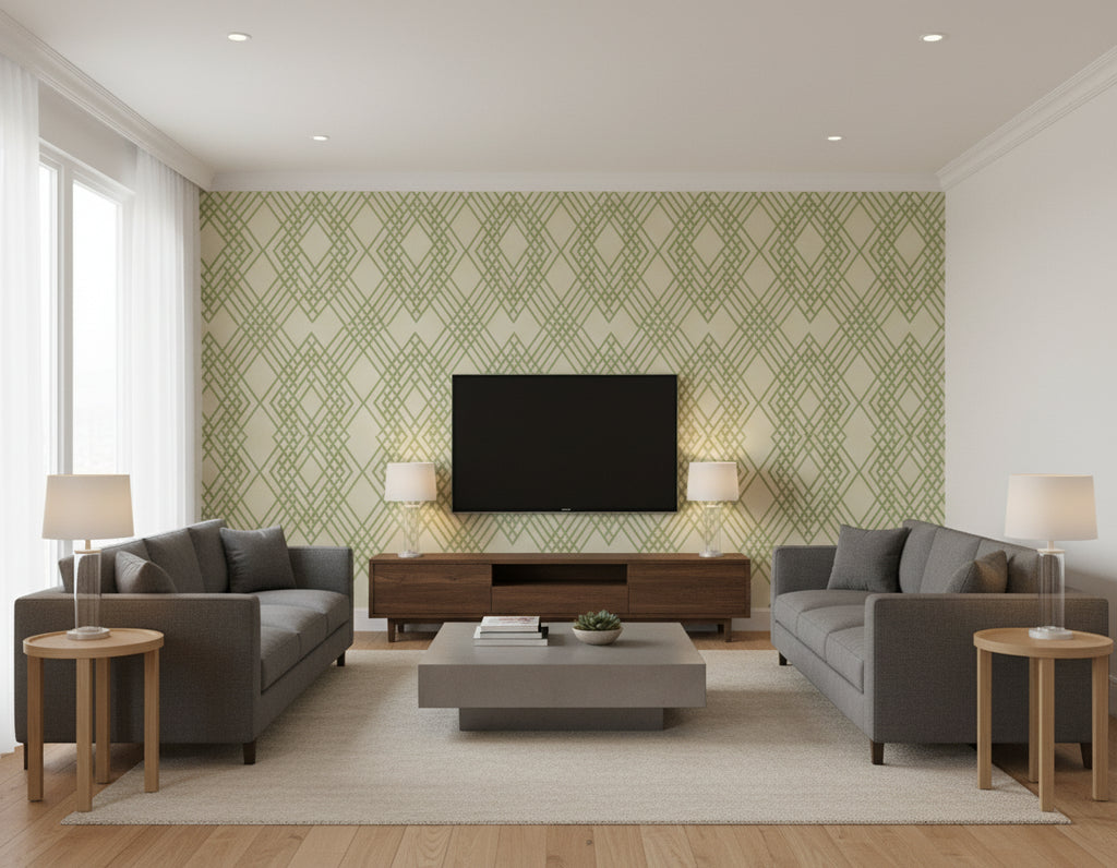 Cayman Coastal Geometric Olive Green and Off-White | Architectural Wallcoverings - Living Room Visualization (AI-generated, may not be to scale. Verify pattern scale with product specifications.)