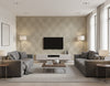 Cayman Coastal Geometric Beige and Off-White | Architectural Wallcoverings - Living Room Visualization (AI-generated, may not be to scale. Verify pattern scale with product specifications.)
