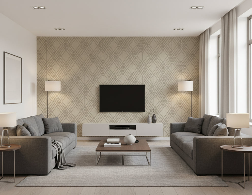 Cayman Coastal Geometric Beige and Off-White | Architectural Wallcoverings - Living Room Visualization (AI-generated, may not be to scale. Verify pattern scale with product specifications.)
