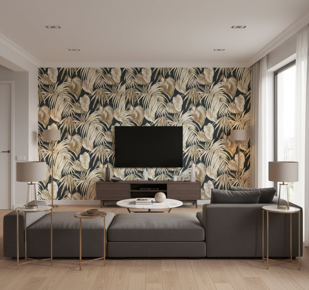 Dominica Coastal Botanical Black, Metallic Gold, Camel, and White | Architectural Wallcoverings - Living Room Visualization (AI-generated, may not be to scale. Verify pattern scale with product specifications.)