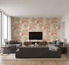 Dominica Coastal Botanical Salmon, Green, and White | Architectural Wallcoverings - Living Room Visualization (AI-generated, may not be to scale. Verify pattern scale with product specifications.)