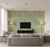 Dominica Coastal Botanical Turquoise, Green, and White | Architectural Wallcoverings - Living Room Visualization (AI-generated, may not be to scale. Verify pattern scale with product specifications.)