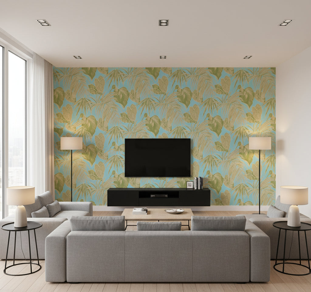 Dominica Coastal Botanical Turquoise, Green, and White | Architectural Wallcoverings - Living Room Visualization (AI-generated, may not be to scale. Verify pattern scale with product specifications.)