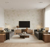 Dominica Coastal Botanical Metallic Gold, Off-White, and Light Tan | Architectural Wallcoverings - Living Room Visualization (AI-generated, may not be to scale. Verify pattern scale with product specifications.)