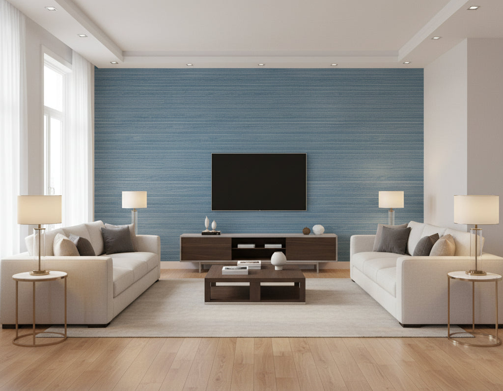 Jamaica Grass Coastal Faux Grasscloth Prussian Blue | Architectural Wallcoverings - Living Room Visualization (AI-generated, may not be to scale. Verify pattern scale with product specifications.)