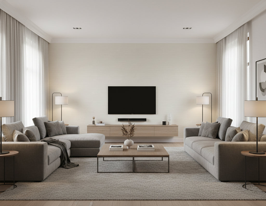 Jamaica Grass Coastal Faux Grasscloth Linen | Architectural Wallcoverings - Living Room Visualization (AI-generated, may not be to scale. Verify pattern scale with product specifications.)