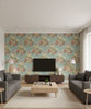 Dynasty Floral Traditional Floral Metallic Blue Mist | Architectural Wallcoverings - Living Room Visualization (AI-generated, may not be to scale. Verify pattern scale with product specifications.)