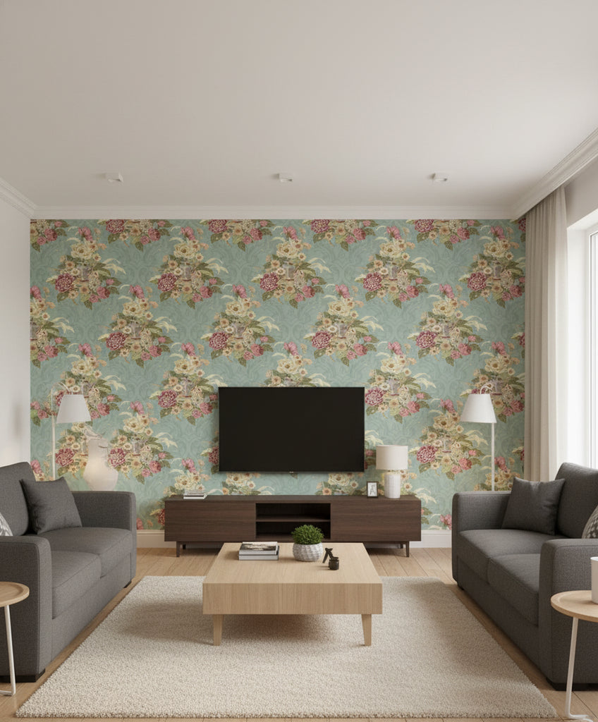 Dynasty Floral Traditional Floral Metallic Blue Mist | Architectural Wallcoverings - Living Room Visualization (AI-generated, may not be to scale. Verify pattern scale with product specifications.)