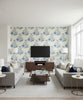 Dynasty Floral Traditional Floral Metallic Linen and Blue | Architectural Wallcoverings - Living Room Visualization (AI-generated, may not be to scale. Verify pattern scale with product specifications.)