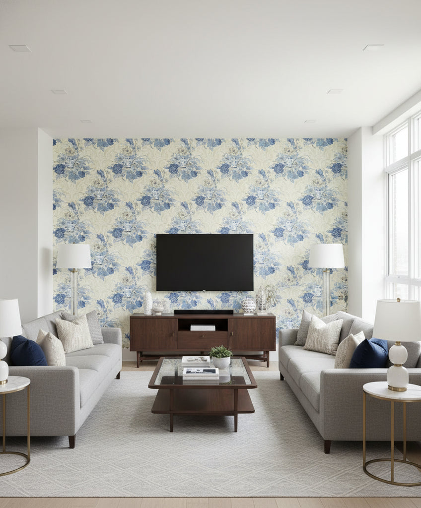 Dynasty Floral Traditional Floral Metallic Linen and Blue | Architectural Wallcoverings - Living Room Visualization (AI-generated, may not be to scale. Verify pattern scale with product specifications.)