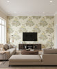 Dynasty Floral Traditional Floral Metallic Pearl | Architectural Wallcoverings - Living Room Visualization (AI-generated, may not be to scale. Verify pattern scale with product specifications.)