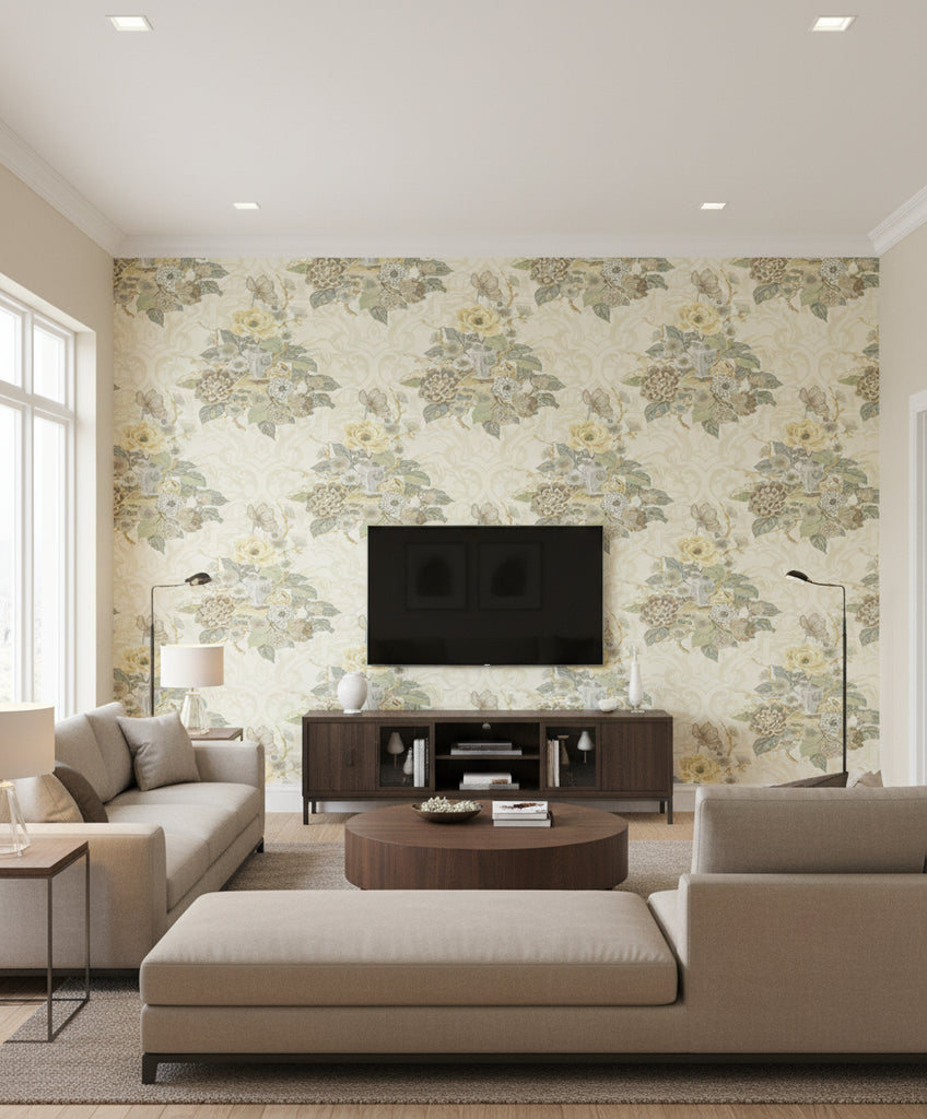 Dynasty Floral Traditional Floral Metallic Pearl | Architectural Wallcoverings - Living Room Visualization (AI-generated, may not be to scale. Verify pattern scale with product specifications.)