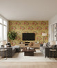 Dynasty Floral Traditional Floral Metallic Gold | Architectural Wallcoverings - Living Room Visualization (AI-generated, may not be to scale. Verify pattern scale with product specifications.)