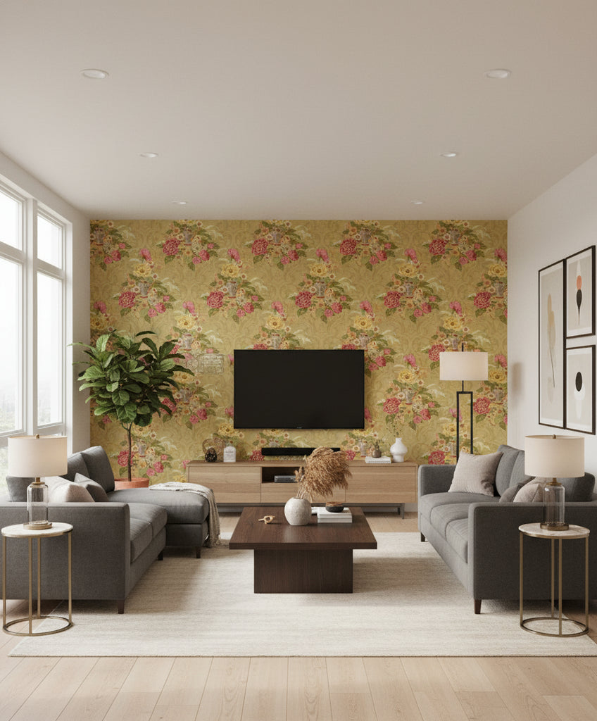 Dynasty Floral Traditional Floral Metallic Gold | Architectural Wallcoverings - Living Room Visualization (AI-generated, may not be to scale. Verify pattern scale with product specifications.)
