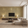 Dynasty Lattice Traditional Geometric Metallic Gold and Ebony | Architectural Wallcoverings - Living Room Visualization (AI-generated, may not be to scale. Verify pattern scale with product specifications.)
