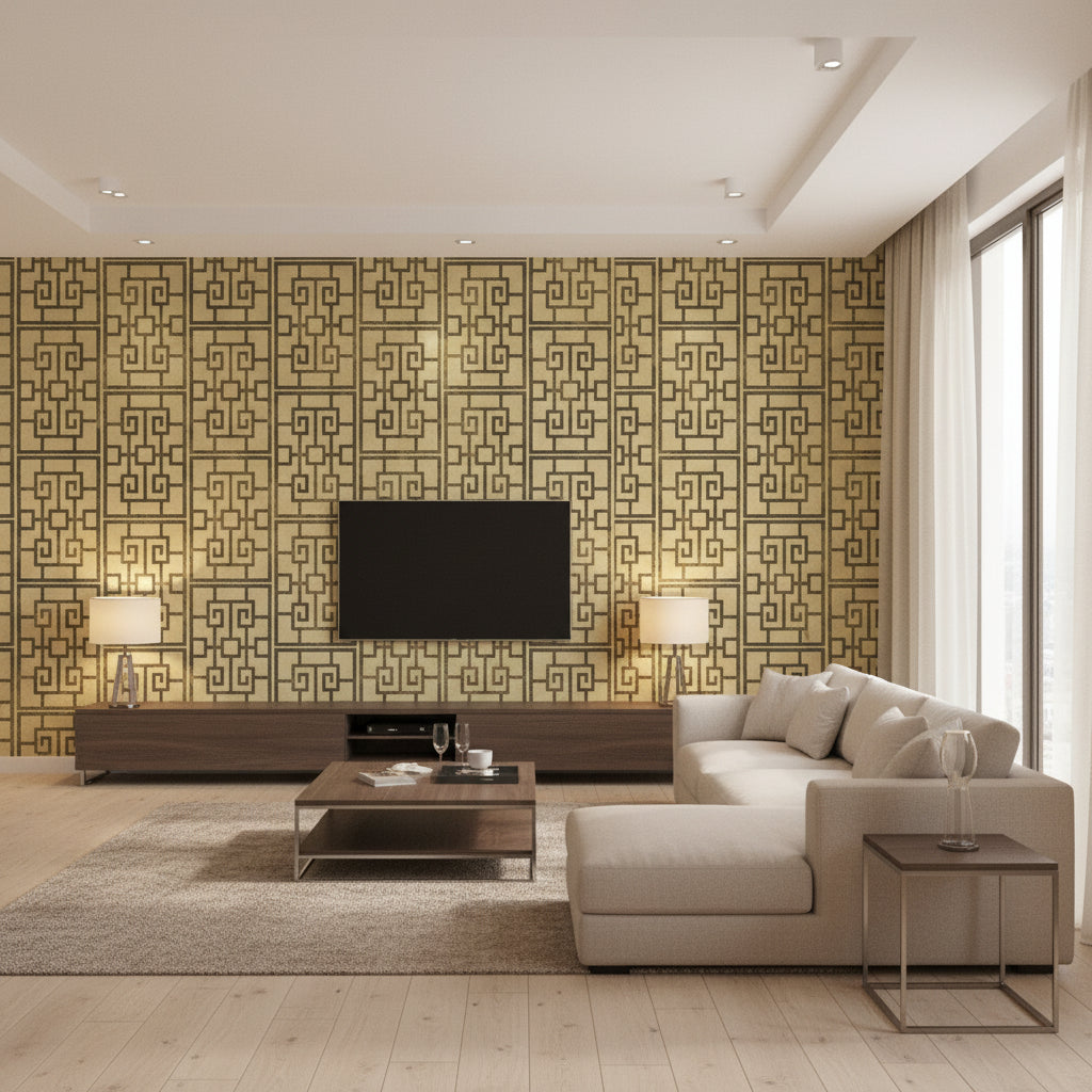 Dynasty Lattice Traditional Geometric Metallic Gold and Ebony | Architectural Wallcoverings - Living Room Visualization (AI-generated, may not be to scale. Verify pattern scale with product specifications.)