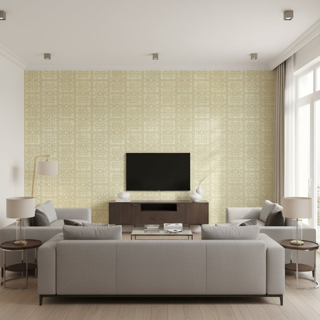 Dynasty Lattice Traditional Geometric Metallic Pearl and Mint | Architectural Wallcoverings - Living Room Visualization (AI-generated, may not be to scale. Verify pattern scale with product specifications.)