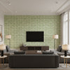 Dynasty Lattice Traditional Geometric Metallic Pearl and Emerald Green | Architectural Wallcoverings - Living Room Visualization (AI-generated, may not be to scale. Verify pattern scale with product specifications.)