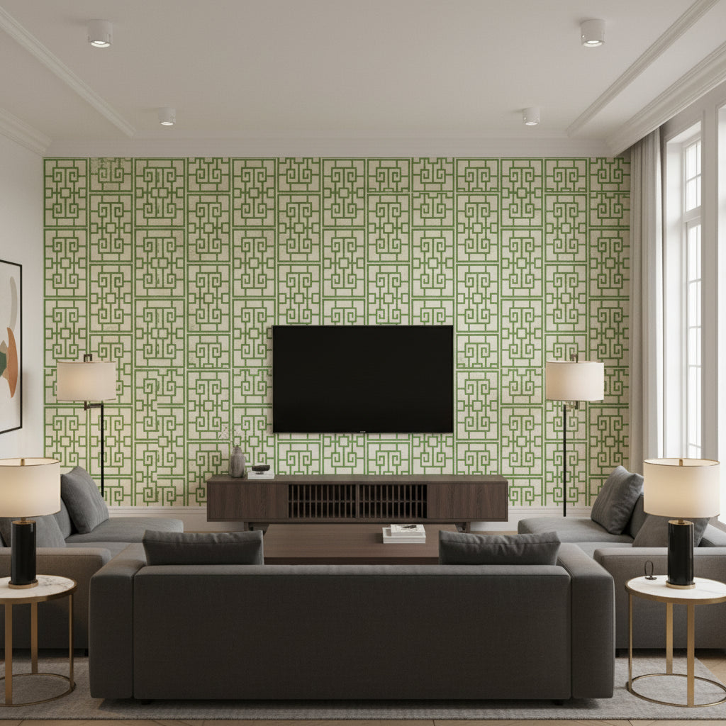 Dynasty Lattice Traditional Geometric Metallic Pearl and Emerald Green | Architectural Wallcoverings - Living Room Visualization (AI-generated, may not be to scale. Verify pattern scale with product specifications.)
