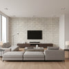 Dynasty Lattice Traditional Geometric Metallic Pearl and Gray | Architectural Wallcoverings - Living Room Visualization (AI-generated, may not be to scale. Verify pattern scale with product specifications.)