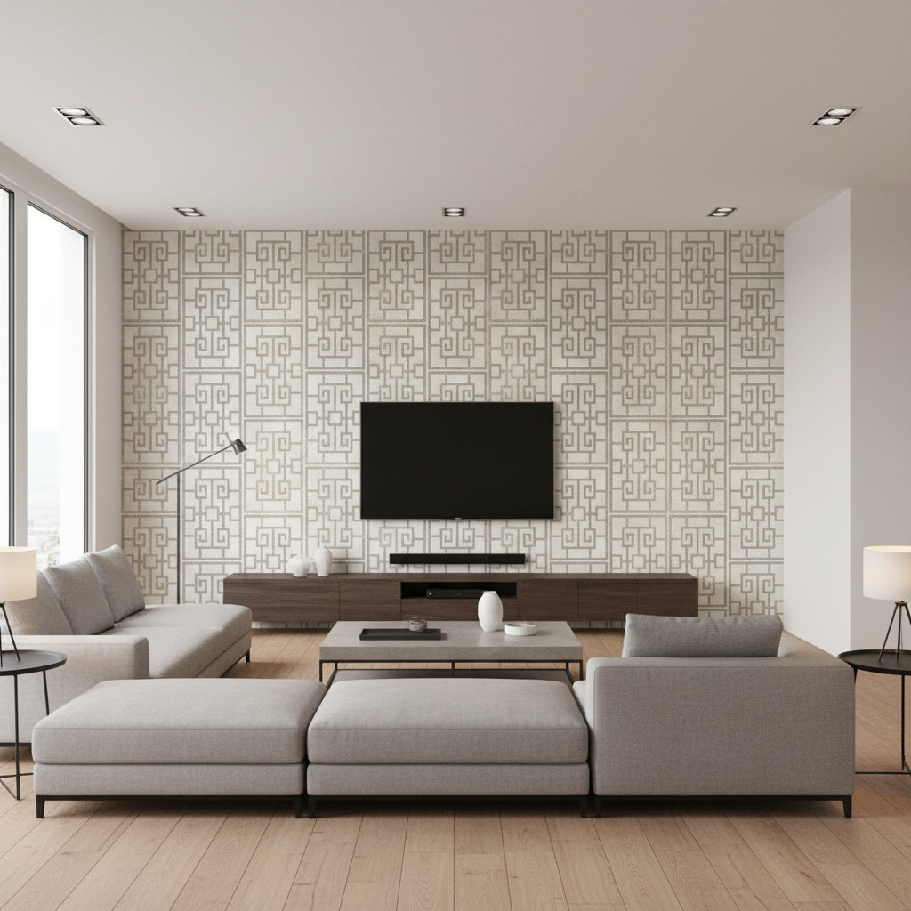 Dynasty Lattice Traditional Geometric Metallic Pearl and Gray | Architectural Wallcoverings - Living Room Visualization (AI-generated, may not be to scale. Verify pattern scale with product specifications.)
