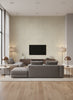 Imperial Linen Traditional Linen Metallic Pearl and Tan | Architectural Wallcoverings - Living Room Visualization (AI-generated, may not be to scale. Verify pattern scale with product specifications.)