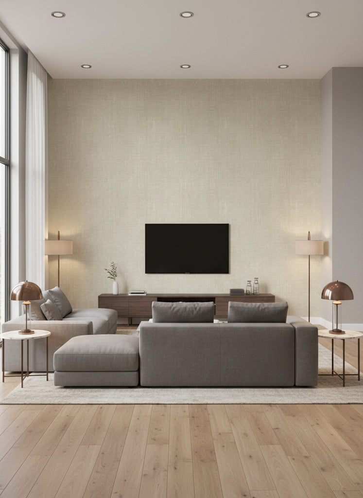 Imperial Linen Traditional Linen Metallic Pearl and Tan | Architectural Wallcoverings - Living Room Visualization (AI-generated, may not be to scale. Verify pattern scale with product specifications.)